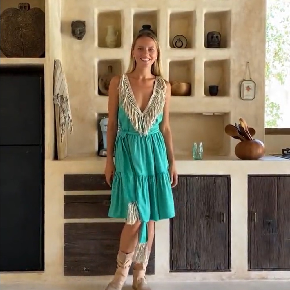 New Fringe Boho Cottagecore Dress Prairie ∆ Eco Organic Goddess Midi / Green L - Picture 6 of 7